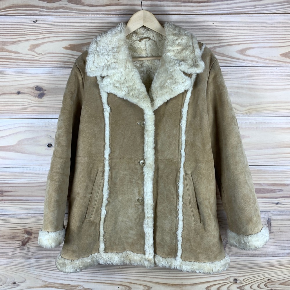 Wilsons Leather Maxima Coat Womens XL Tan Faux Fur Trim Suede Jacket Boho 70s